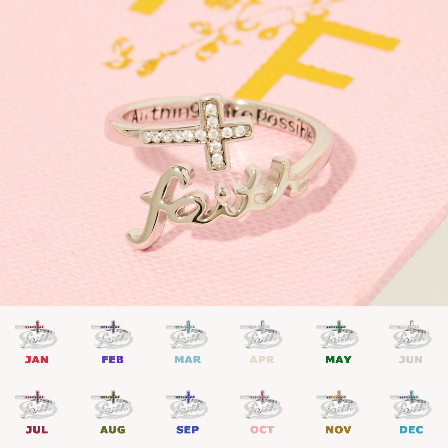 Faith Script Birthstone Ring - Silver